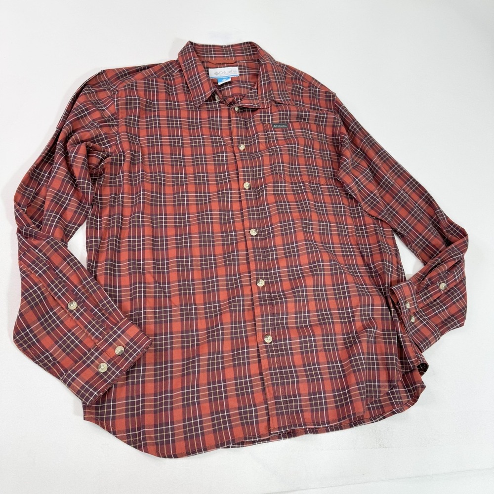 Columbia Shirt Mens Large Red Plaid Button Up Long Sleeve Pocket Outdoor Casual